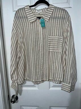 Maurices Linen Beige and White Cropped Striped Button-Front Shirt